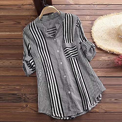 Women Plus Size Three Quarter Striped Print V Neck Loose Fit Top T Shirt Blouse Women Long Sleeve T Cotton