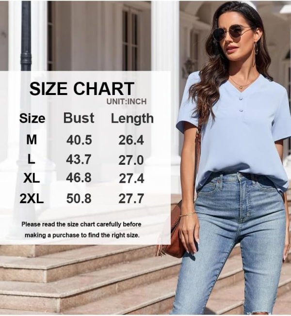 Women's Summer Blouse Casual Short Sleeve Tops Vneck Button Chiffon Business Tunics Tshirts