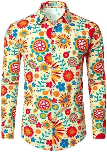 Mens Long Sleeve Floral Business Hem Button Print Leisure Floral Shirt Athletic Shirts Men Summer