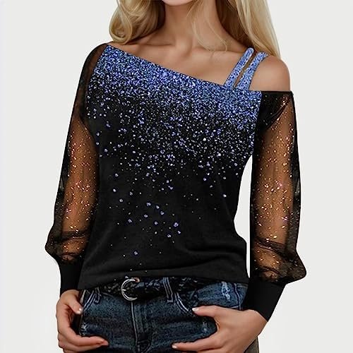 Cold Tops Loose Shoulder Sequin T Shirt Casual Long Print Splice Women Blouse Women's Blouse Pattern