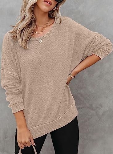 Womens Oversized Waffle Knit Sweatshirts Long Sleeve Side Slits Casual Pullover Sweatshirt Tops