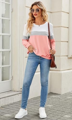 Womens Crew Neck Sweatshirt Colorblock Pullover Tops Casual Splicing Long Sleeve Lightweight Blouse Tee