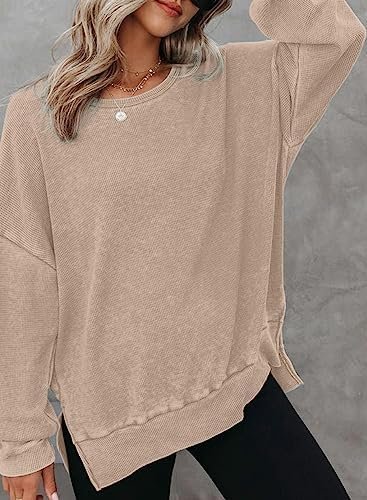 Womens Oversized Waffle Knit Sweatshirts Long Sleeve Side Slits Casual Pullover Sweatshirt Tops