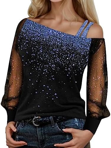 Cold Tops Loose Shoulder Sequin T Shirt Casual Long Print Splice Women Blouse Women's Blouse Pattern