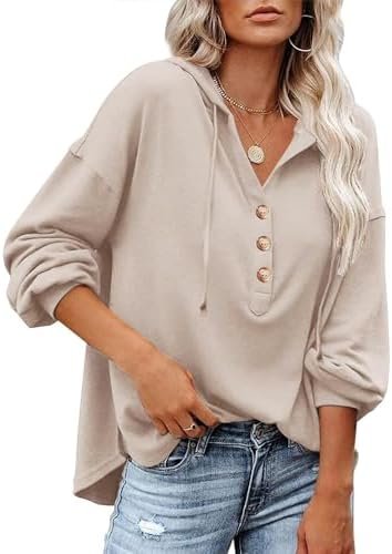 Women's Sweatshirts Hoodie Casual V Neck Long Sleeve Button Pullover Tunic Tops